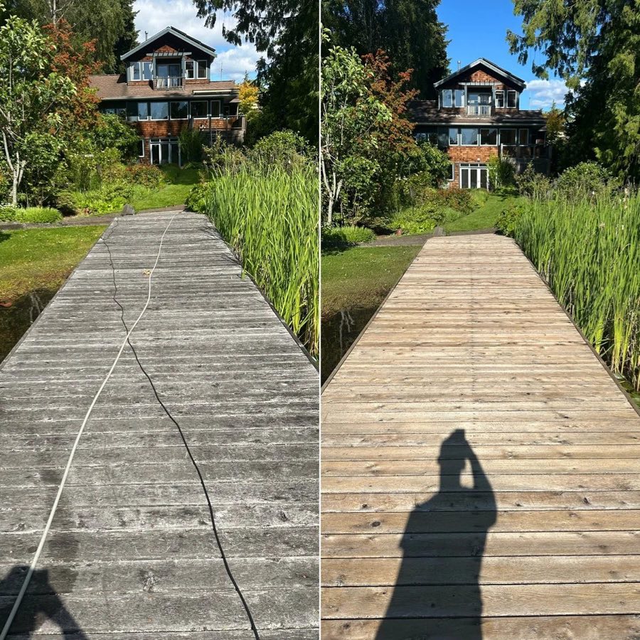 Before and after of a pressure washed dock
